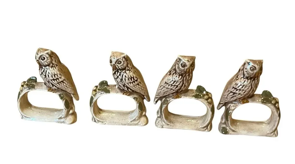 Vintage Porcelain Owl Napkin rings Hand Painted Set Of 4 MCM READ